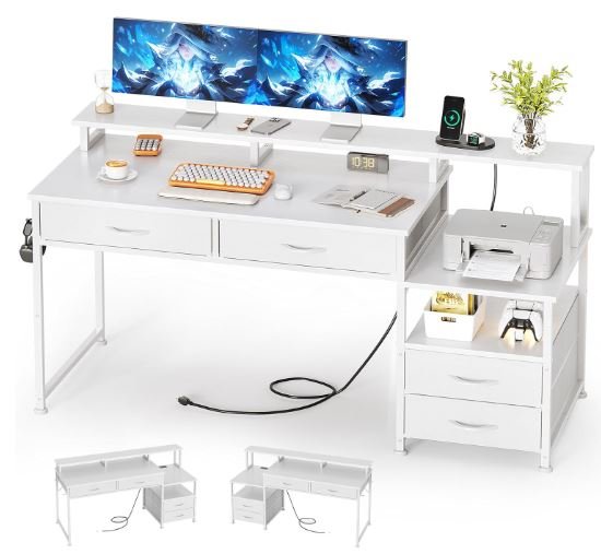 reversible home office desk with drawers and shelves