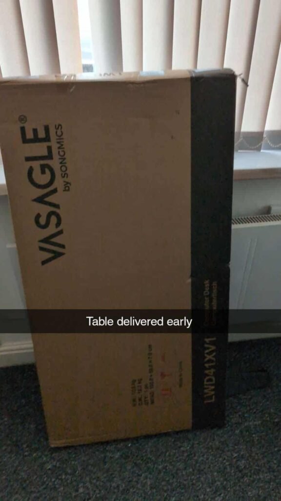 view of our own new purchase testing home basics office computer desk for home office uk unboxing package arrival several weeks to months
