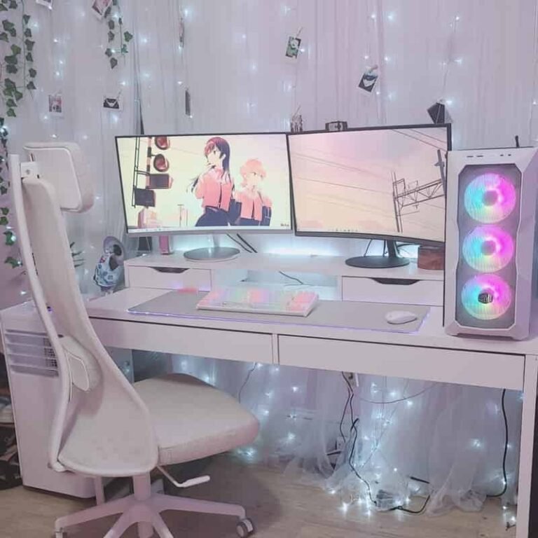 all white cute gaming room setup 768x768
