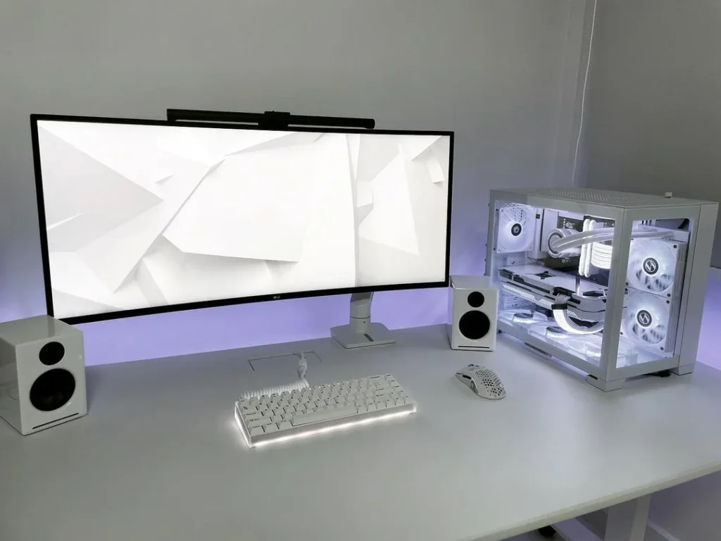 clean all white gaming desk setup that looks modern