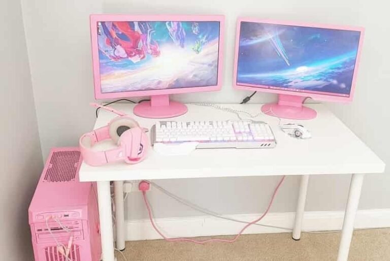 cute pink gaming setup on ikea linnmon desk 768x514