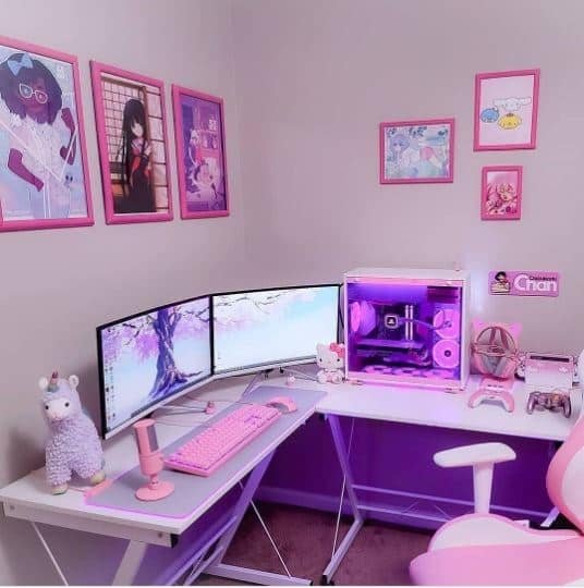 cute pink girl gaming setup