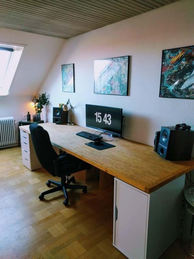 extra large wood desk setup with drawers