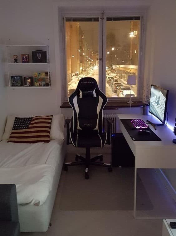 gaming desk setup in bedroom
