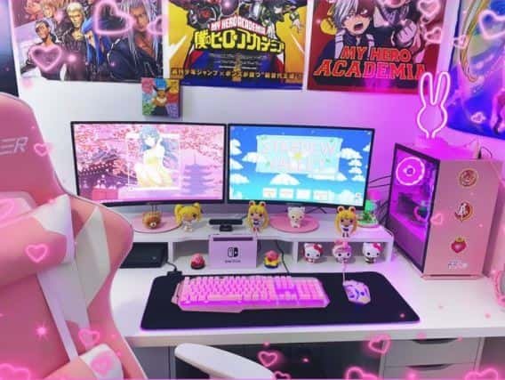 gaming room with anime posters figurines