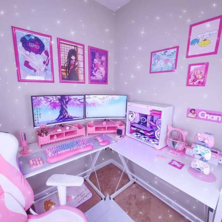 kawaii pink white gamer girl desk setup 768x768