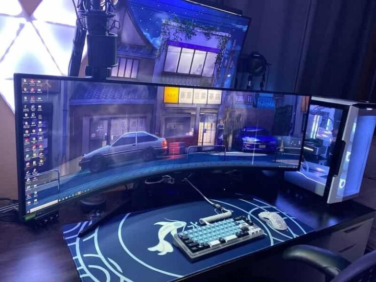 pc gaming desk setup ideas with ultra wide screen 768x576