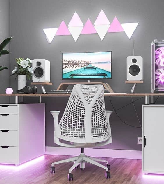 pink aesthetic setup with nanoleaf panels