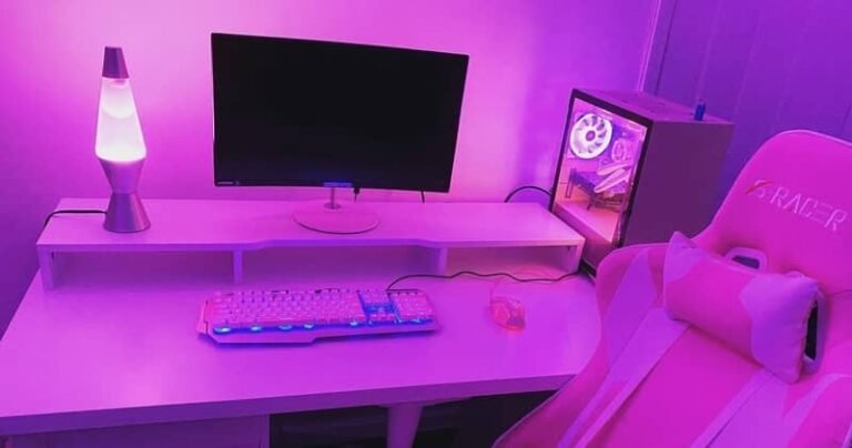 pink minimalist gaming room setup 768x404